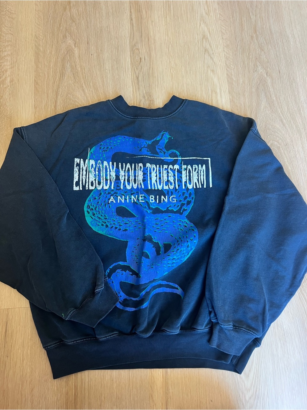 ANINE BING Black Crewneck Sweatshirt with Blue Snake Graphic